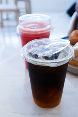 americano coffee or iced americano and strawberry smoothie