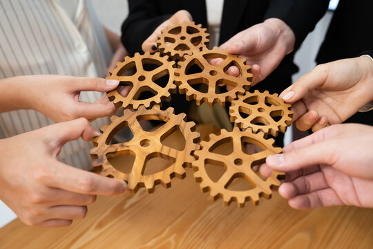 Closeup hand holding wooden gear by businesspeople wearing suit for harmony synergy in office workplace concept. Group of people hand making chain of gears into collective form for unity symbol.