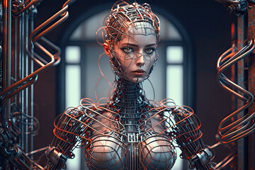 AI or Technology that is restricted from reaching it's potential. Illustrates AI Robots Jailed By Electrical Wires. 
,generative ai - obrazy, fototapety, plakaty
