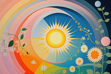 Spring Equinox Pastel Muted Rainbow Colorful Seasons Geometric Abstract Minimal Sun Moon Generative AI	 - obrazy, fototapety, plakaty