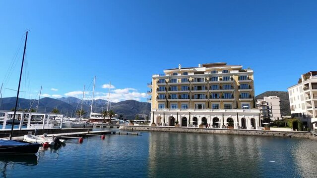 Luxurious marina with moored yachts near the Regent Hotel. Porto, Montenegro