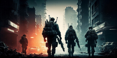 Soldiers in the middle of a city with guns, mask, and military clothing created by Generative AI