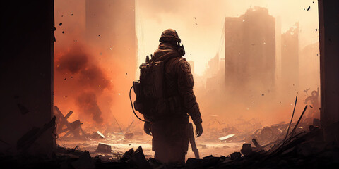 The back of a soldier looking a destroyed city created by Generative AI