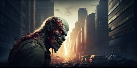 Zombie in a destroyed city with his skin dripping off created by Generative AI