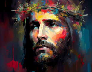 Colorful abstract painting of Jesus Christ with a crown of thorns