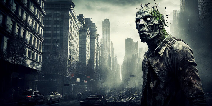 Scary zombie in a destroyed city created by Generative AI