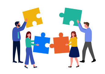 Solving problem concept vector illustration. Teamwork. Businesspeople putting puzzle jigsaw together in flat design on white background.