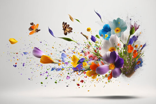 A serene and whimsical scene with a vibrant display of colorful flowers and a delicate butterfly levitating above them. Generative AI