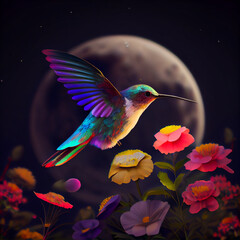 Hummingbird animal, hummingbird flying between flower, honey, and nectar, hummingbird generative ai
