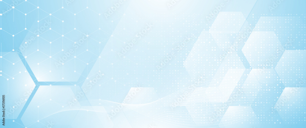 Poster abstract blue hexagon shape and wavy lines with science and health care concept background. vector i