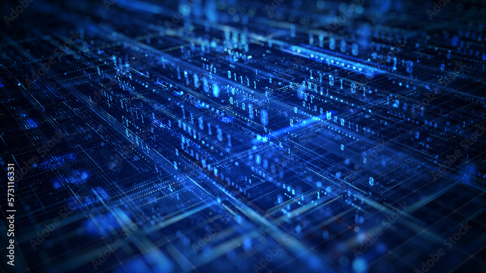 Aufkleber Data Analysis and Access to Digital Data, Technology Digital Data On Blue Background, Digital Cyberspace with Particles and Digital Data Network Connections. 3D Rendering