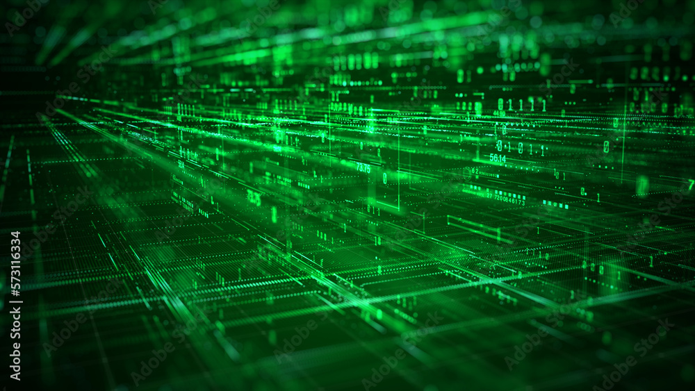 Aufkleber Technology Digital Data On Green Background, Data Analysis and Access to Digital Data, Digital Cyberspace with Particles and Digital Data Network Connections. 3D Rendering