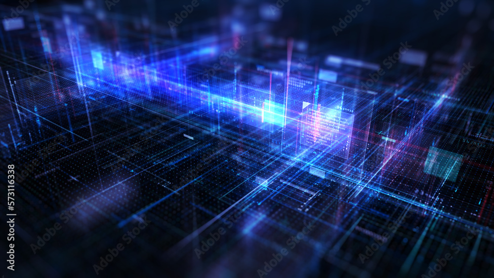 Aufkleber Technology Digital Data On Blue Background, Data Analysis and Access to Digital Data, Digital Cyberspace with Particles and Digital Data Network Connections. 3D Rendering