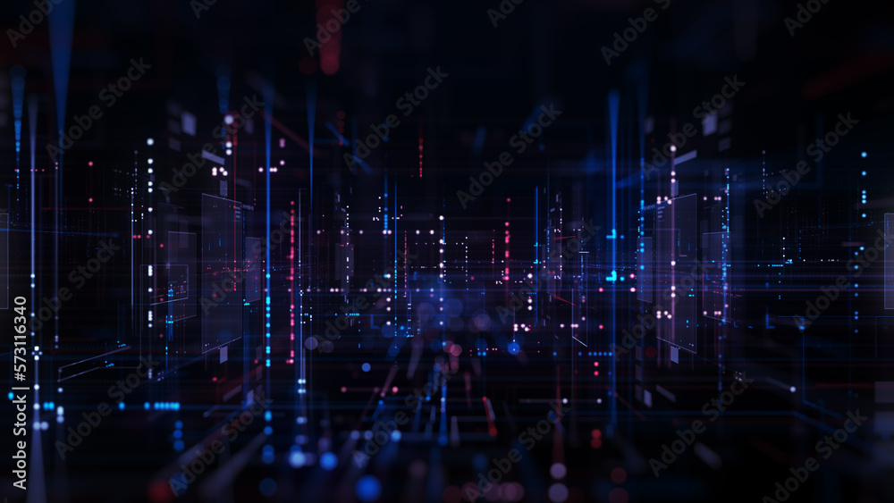 Aufkleber Technology Digital Data Abstract Background, Data Analysis and Access to Digital Data, Digital Cyberspace with Particles and Digital Data Network Connections, 3D Rendering