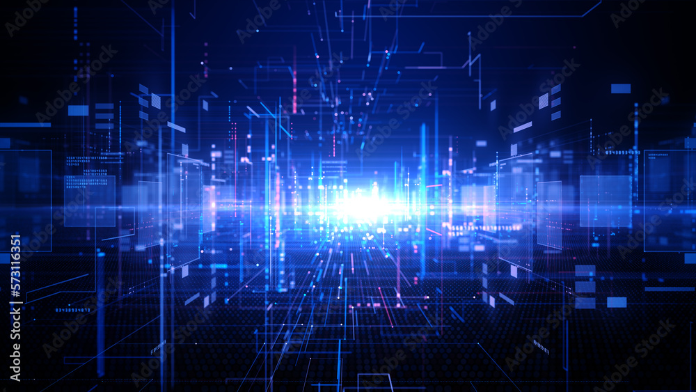 Aufkleber Digital Cyberspace with Particles and Digital Data Network Connections, Technology Digital Data Abstract Background, Data Analysis and Access to Digital Data, 3D Rendering