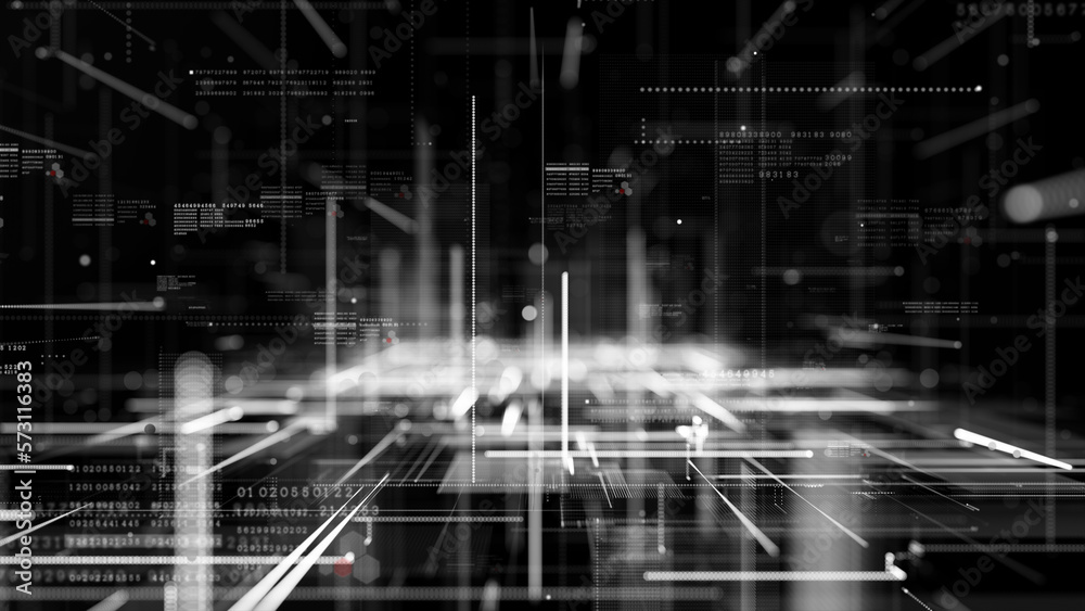 Aufkleber Technology Digital Data Black and White Abstract Background, Technology Digital Cyberspace with Particles and Digital Data Network Connections, 3D Rendering