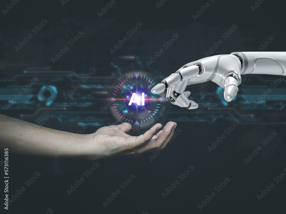 Wall mural human and robot fingers touch artificial intelligence technology ai learning computer brain