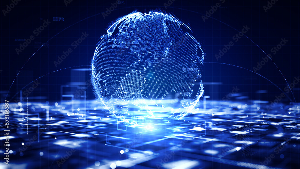 Poster Technology Digital Data Abstract Background, Technology Digital Cyberspace with Particles and Digital Data, Global Network Connections, Data Analysis and Access to Digital Data, 3D Rendering