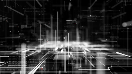 Fototapeta na wymiar Technology Digital Data Black and White Abstract Background, Technology Digital Cyberspace with Particles and Digital Data Network Connections, 3D Rendering