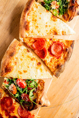 Pizza. Cheese Pizza. Traditional New York City style margarita pizza pie with a thin homemade crispy crust, tomato, garlic, marinara sauce topped with buffalo mozzarella cheese and fresh basil leaves.