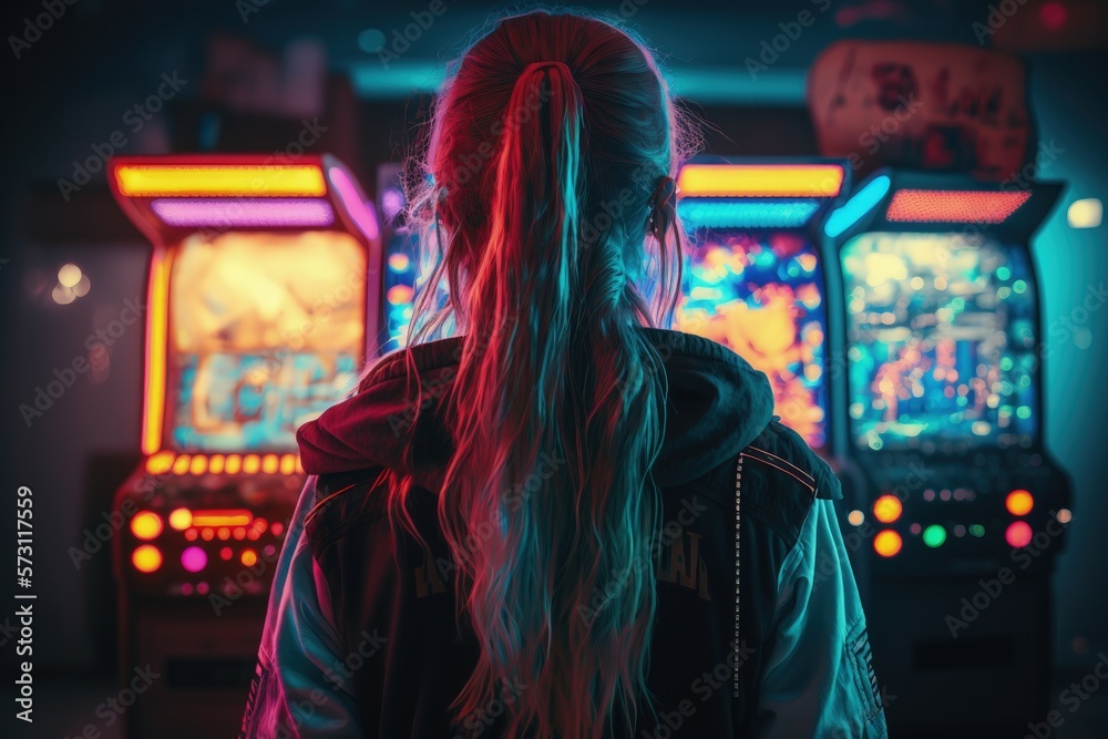 Wall mural girl playing arcade machine with neon lights, back view of girl playing arcade machine generative ai