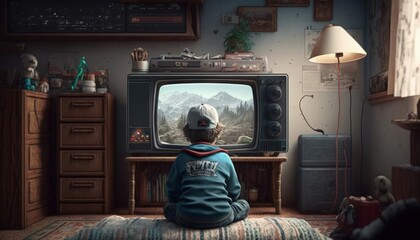 Obraz premium Boy playing old video game in bedroom, Back to back boy in old playroom, Generative AI 