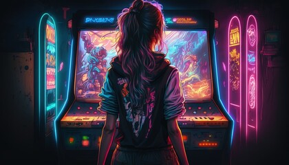 Naklejka premium Girl playing arcade machine with neon lights, Back view of girl playing arcade machine Generative AI