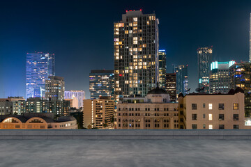 Skyscrapers Cityscape Downtown, Los Angeles Skyline Buildings. Beautiful Real Estate. Night time. Empty rooftop View. Success concept.