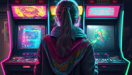 Girl playing arcade machine with neon lights, Back view of girl playing arcade machine Generative AI