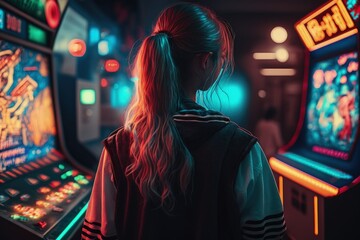 Girl playing arcade machine with neon lights, Back view of girl playing arcade machine Generative AI - obrazy, fototapety, plakaty