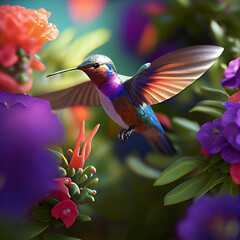 Fototapeta premium Hummingbird animal, hummingbird flying between flower, honey, and nectar, hummingbird generative ai