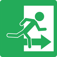 Isolated label design sign of emergency exit in white and green. With illustration man running through doorway and arrow direction.