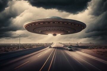 Flying saucer over highway in deserted location, alien spaceship flying over road, Generative AI