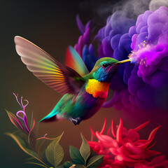 Fototapeta premium Hummingbird animal, hummingbird flying between flower, honey, and nectar, hummingbird generative ai