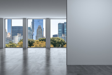 Empty room Interior Skyscrapers View Cityscape. Central Park Midtown New York City Manhattan Skyline Buildings from Window. Beautiful Expensive Real Estate. White mockup wall. Day time. 3d rendering.