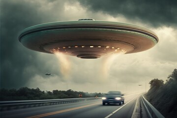 Fototapeta na wymiar Flying saucer over highway in deserted location, alien spaceship flying over road, Generative AI