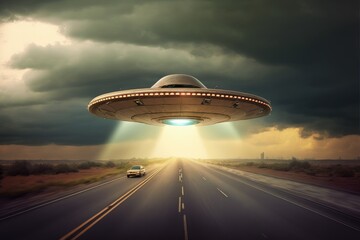 Flying saucer over highway in deserted location, alien spaceship flying over road, Generative AI