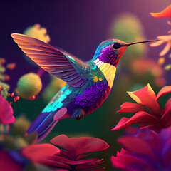 Hummingbird animal, hummingbird flying between flower, honey, and nectar, hummingbird generative ai