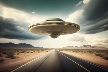 Fototapeta na wymiar Flying saucer over highway in deserted location, alien spaceship flying over road, Generative AI