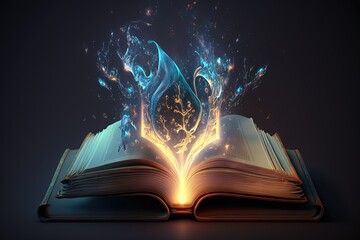 Book of spells, open magic book coming out mystical energy, Generative AI