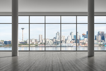 Obraz na płótnie Canvas Empty room Interior Skyscrapers View. Cityscape Downtown Seattle City Skyline Buildings from High Rise Window. Beautiful Real Estate. Day time. 3d rendering.