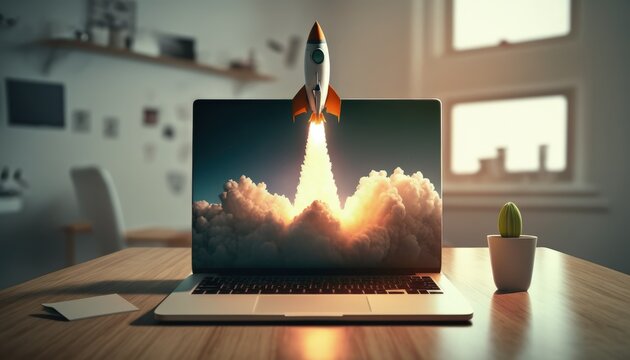 Rocket taking off from laptop screen on top of office desk, successful startup concept, Generative AI