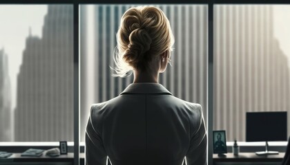 Businesswoman from the back inside office room, woman looking out window inside office, Generative AI
