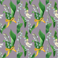 Watercolor seamless pattern lily of the valley, white flowers and green leaves. Botany background with first spring flower on light gray fone. Design for covers, packaging, fabric, wrapping paper.