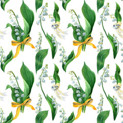 Watercolor seamless pattern lily of the valley, white flowers and green leaves. Botany background of first spring flower in natural style. Design for covers, packaging, fabric, wrapping paper.