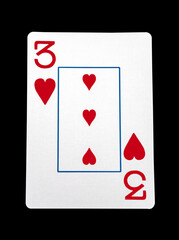 Three of hearts card with clipping path