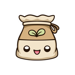 Cute happy burlap sack bag of seeds kawaii cartoon illustration. Gardening farming agriculture clipart.