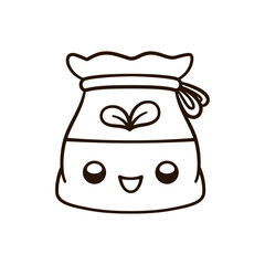 Cute happy burlap sack bag of seeds kawaii cartoon illustration. Gardening farming agriculture coloring book page activity worksheet for kids