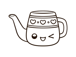 Ceramic watering can pot cute kawaii cartoon outline line art illustration. Gardening farming agriculture coloring book page activity worksheet for kids