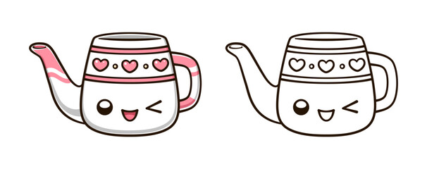 Ceramic watering can pot cute kawaii cartoon outline line art illustration. Gardening farming agriculture coloring book page activity worksheet for kids © Aletheia Shade